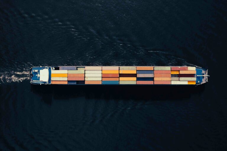 Container vessel representing international freight arrangement